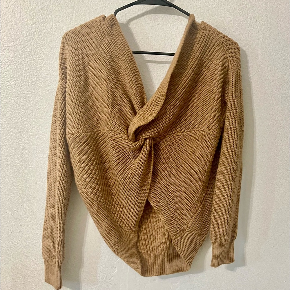 Batwing Loose Fit VNeck Knit Sweater With Fun Knotted Back | Beige | Small - Picture 3 of 6